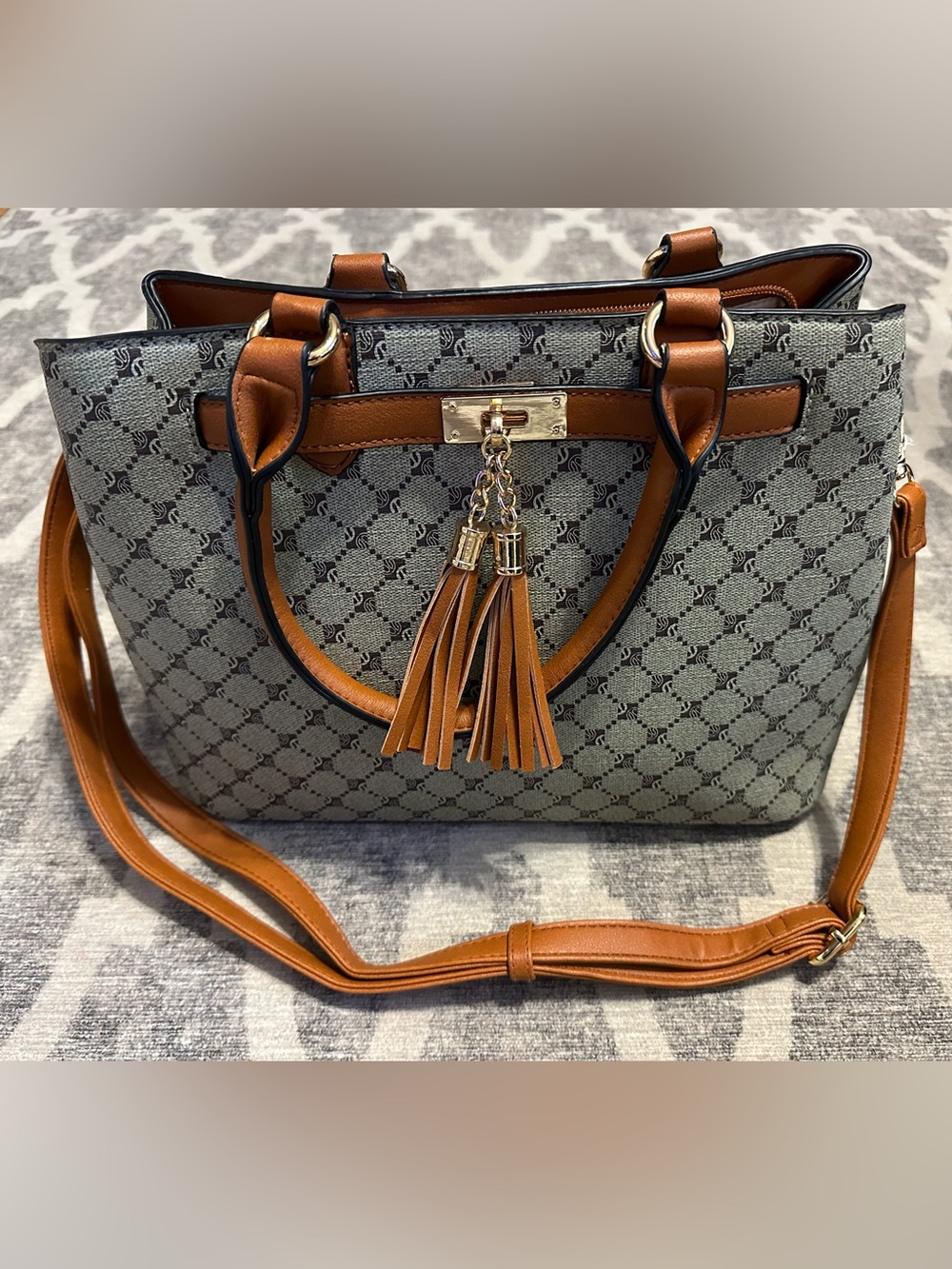Tan and Gray Patterned Satchel with Tassel Accent with Wallet